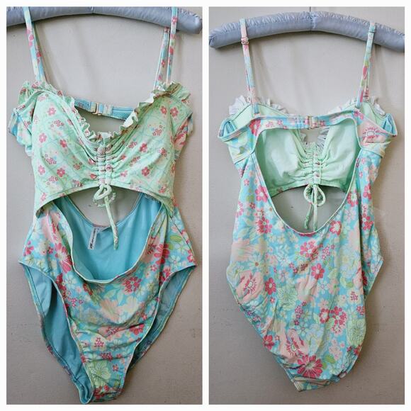 Size XL 15/17 Celebrity Pink Swim Multi-Colored Mismatched Floral One Piece - Picture 3 of 16